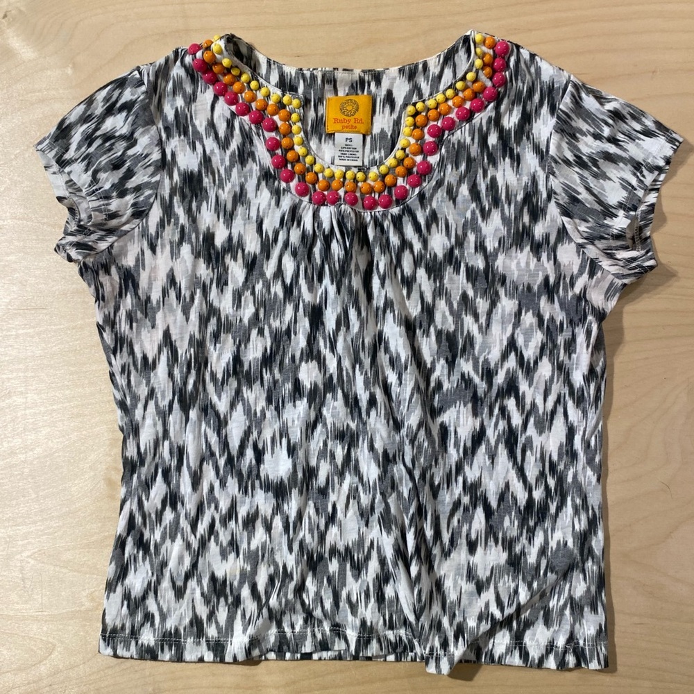 Ruby Rd. Black and White Top with Colorful Embroidery PS (QL)
